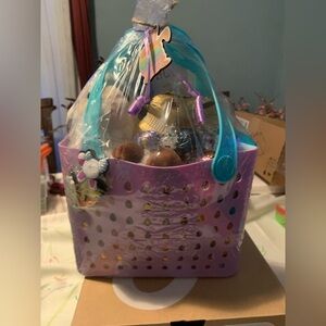 Purple Filled Easter Basket with Teal Handles